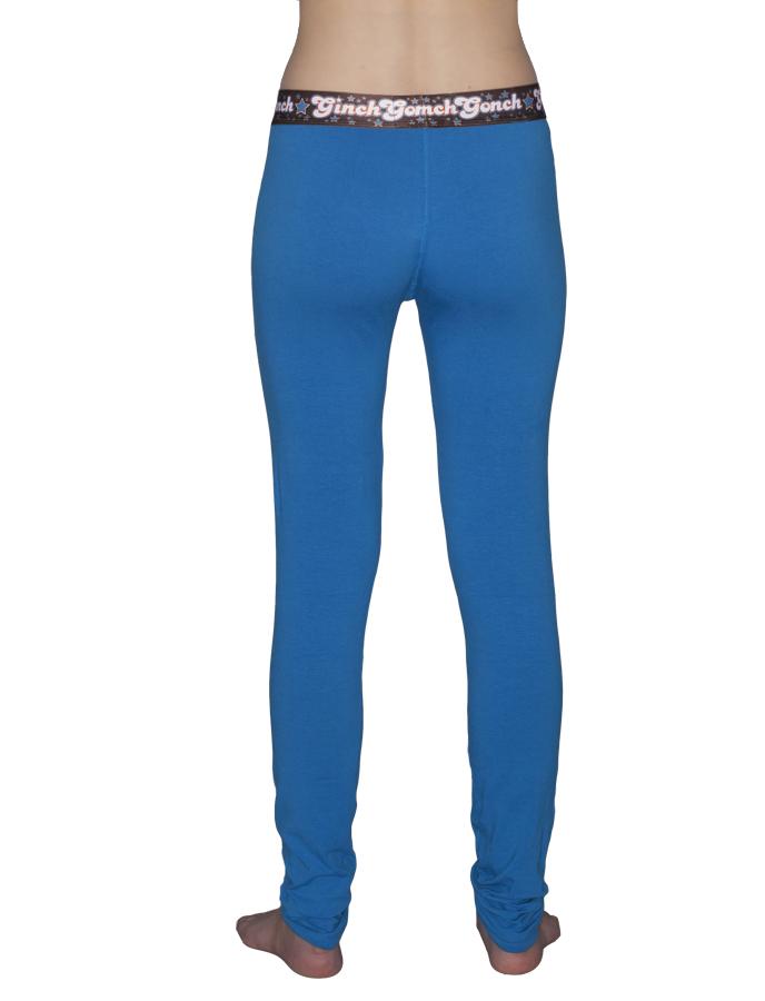 Ginch Gonch Blue Coconuts y front women's leggings long underwear pajama pants blue fabric with brown trim and printed waistband back