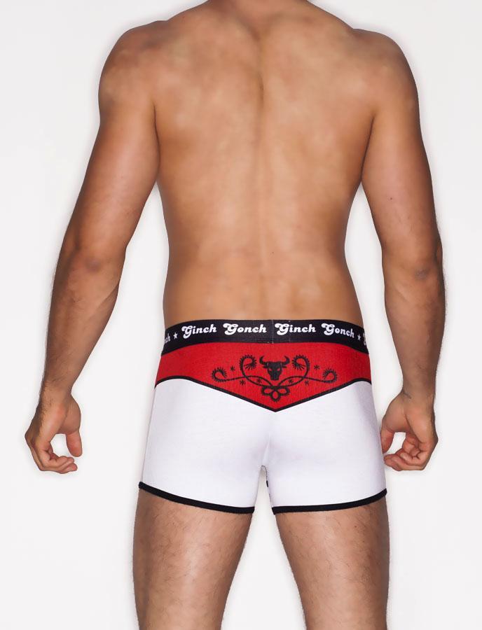 Ginch Gonch El Toro Men's trunk, boxer brief. Men's underwear, white with red accents bull and western detail, black trim and printed waistband back