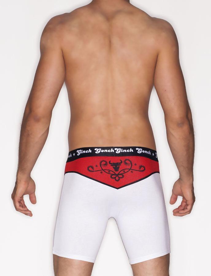 Ginch Gonch El Toro Men's trunk, boxer brief. Men's underwear, white with red accents bull and western detail, black trim and printed waistband back