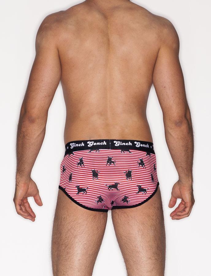 Ginch Gonch Wild Bulls Jockey Brief Men's Underwear Red and white Stripes with black bulls black trim and black printed waistband back