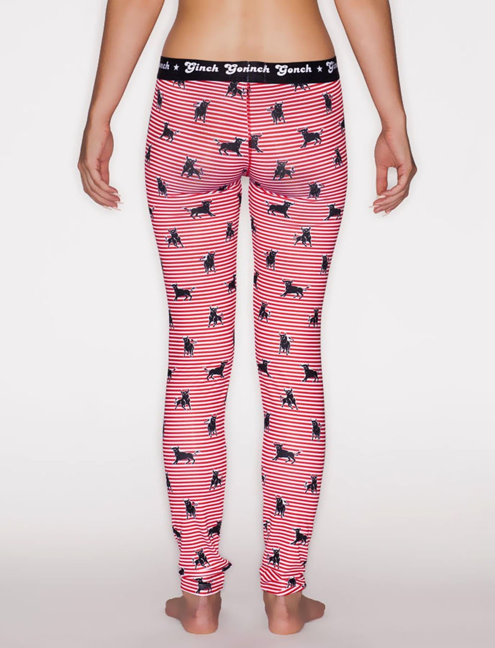 Ginch Gonch Wild Bulls Women's Underwear Legging Long John Red and white Stripes with black bulls black trim and black printed waistband back