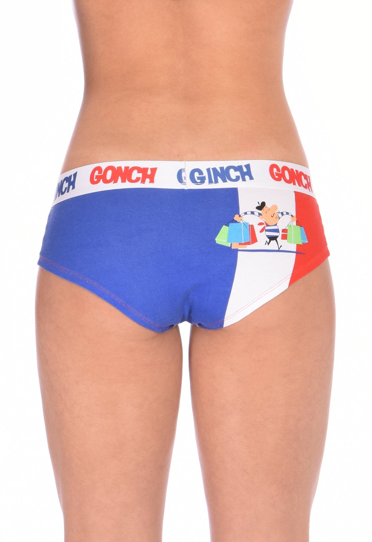 GG Ginch Gonch I Love Paris boy cut cheeky gogo - women's Underwear white fabric with scene of french flag and french person and white printed waistband front