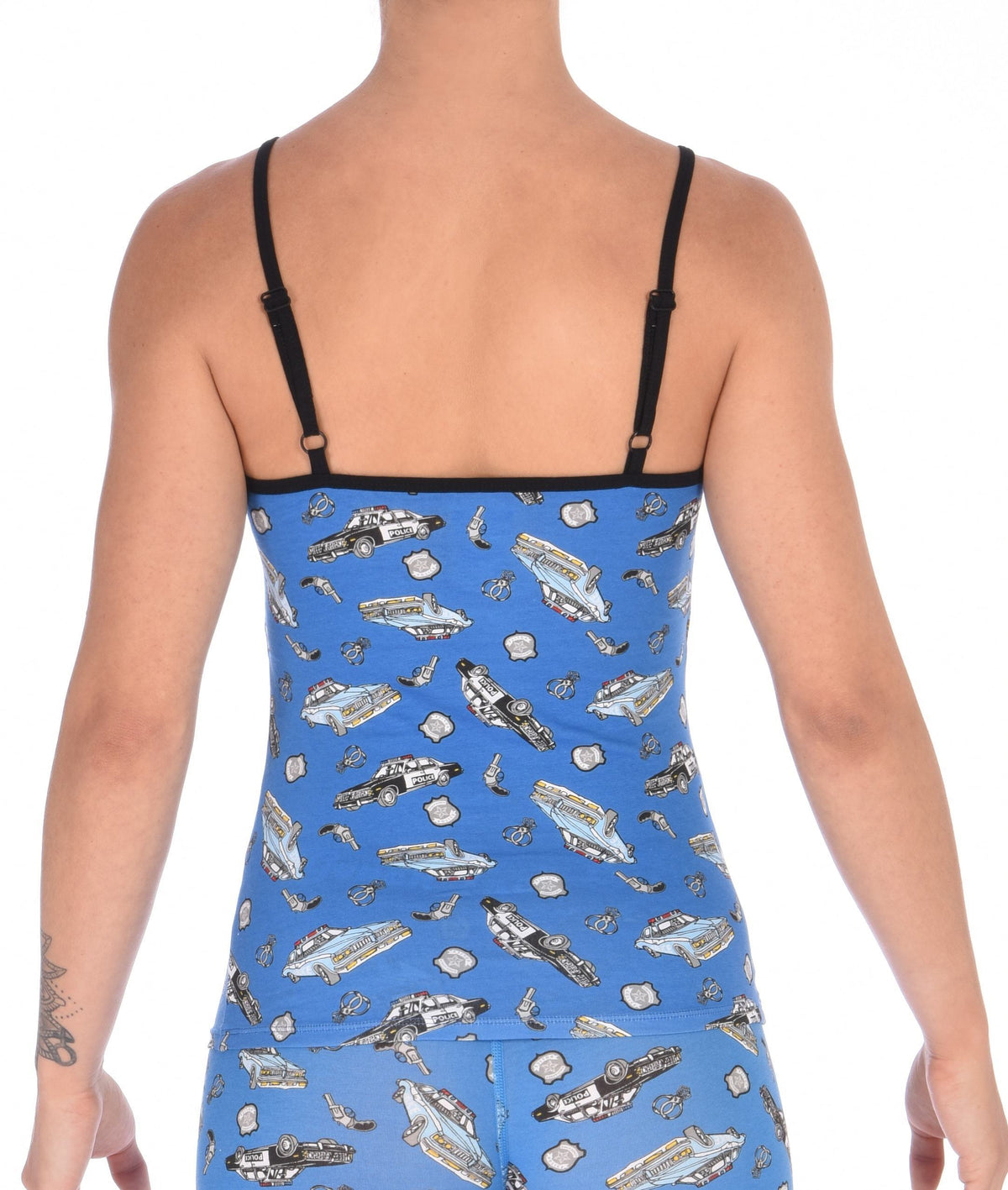 Ginch Gonch GG Patrol cami camisole spaghetti strap women's underwear blue fabric with cop cars, badges, hand cuffs, and guns. Black trim back