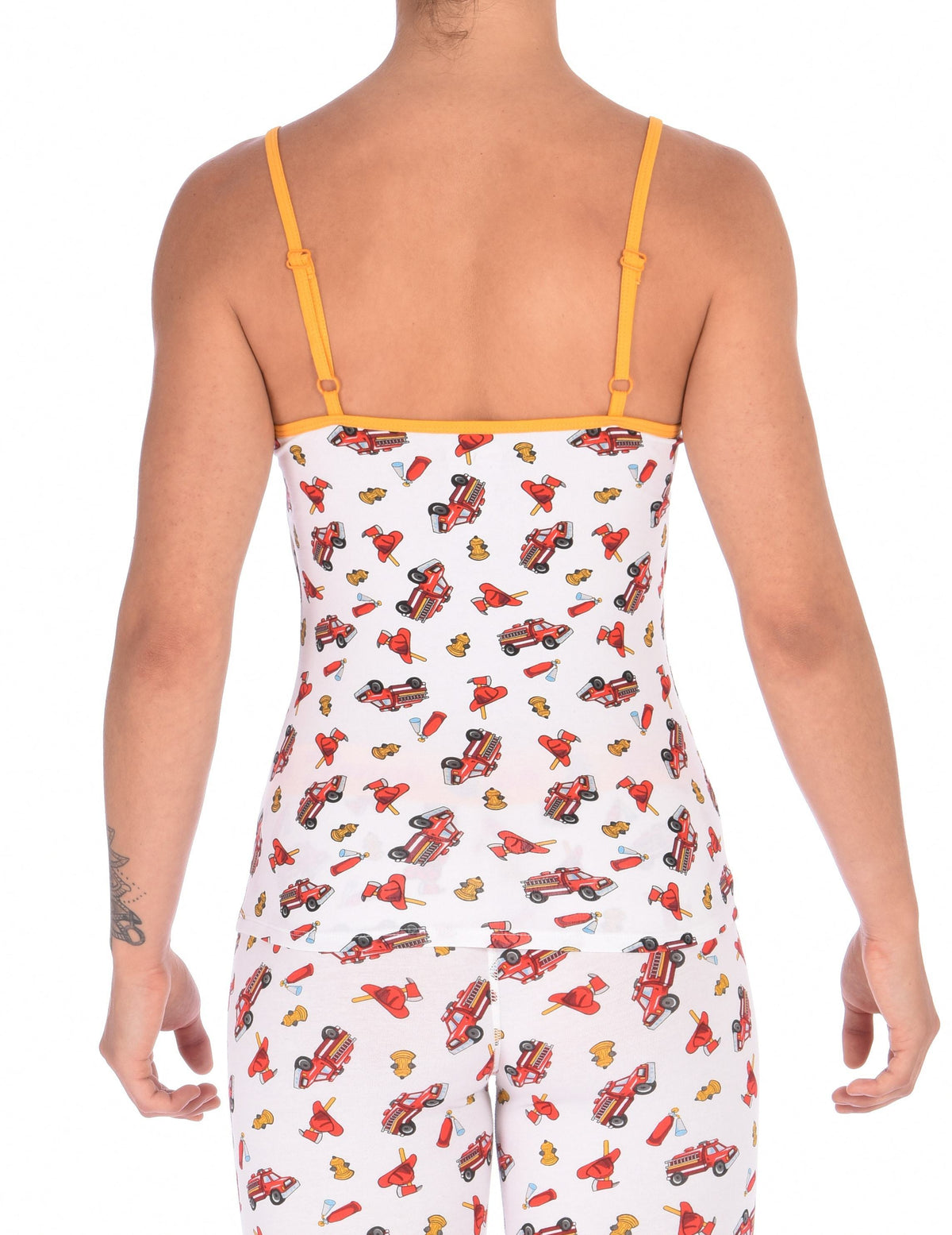 Ginch Gonch GG Fire Fighters camisole cami spaghetti strap women's underwear y front white fabric with fire engines hats and hydrants, yellow trim back shown with matching leggings
