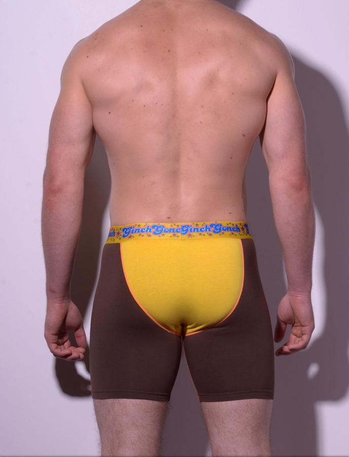 GG Ginch Gonch Lemon Heads men's underwear y front boxer brief trunk with yellow and brown panels, orange trim, and a printed yellow waistband. back