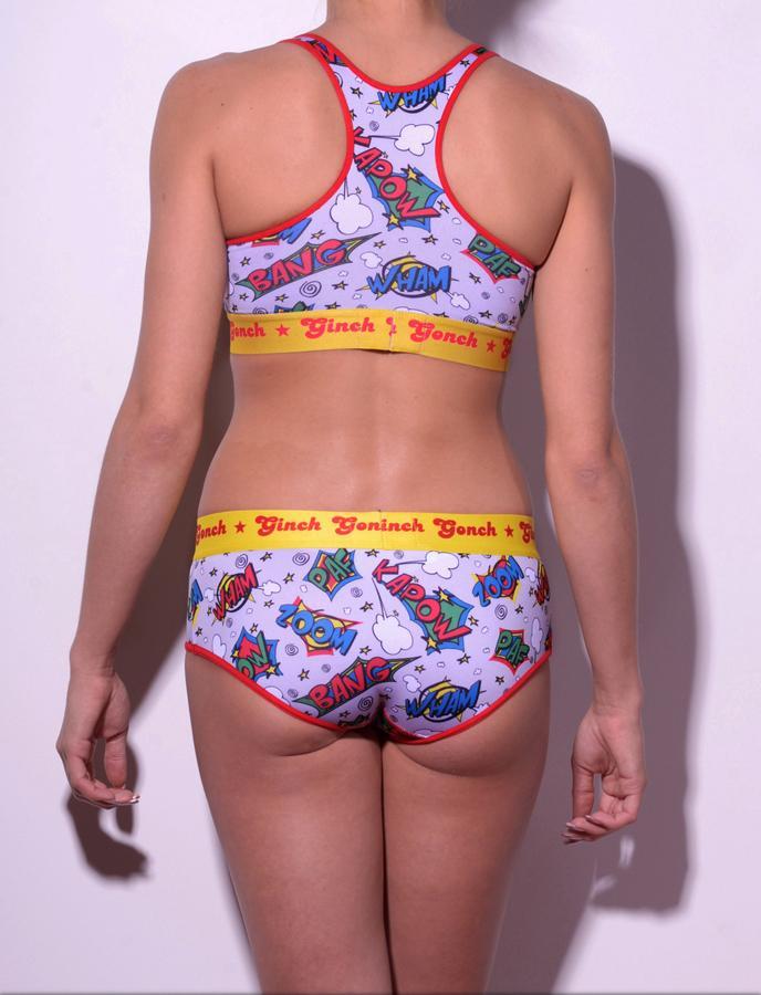 GG Ginch Gonch Under-Man sports bra - women's Underwear comic-inspired print on gray background with cartoon words. Red trim and yellow printed waistband back shown with matching brief