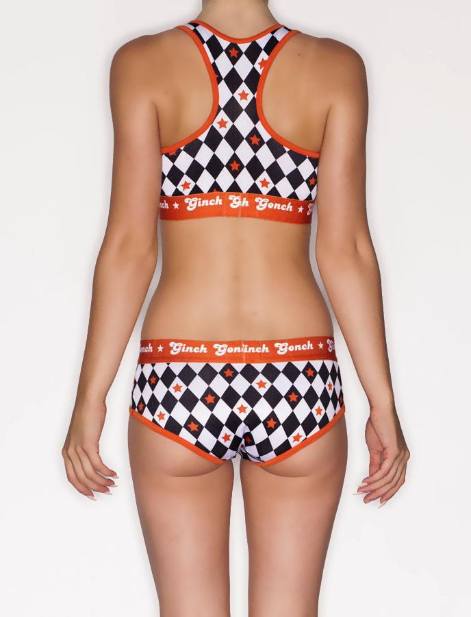 Ginch Gonch Backstage Pass Brief - Women's Underwear black and white squares checkered orange waistband trim binding front matching pair matching sports bra back