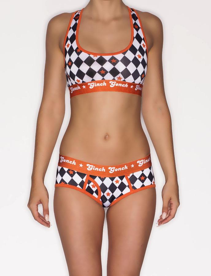 Ginch Gonch Backstage Pass Brief - Women's Underwear black and white squares checkered orange waistband trim binding front matching pair matching sports bra