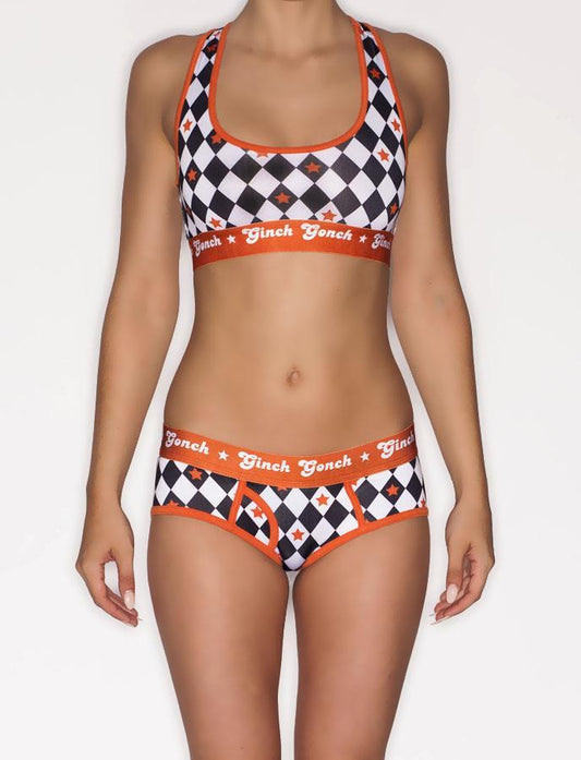 Ginch Gonch Backstage Pass Brief - Women's Underwear black and white squares checkered orange waistband trim binding front matching pair matching sports bra