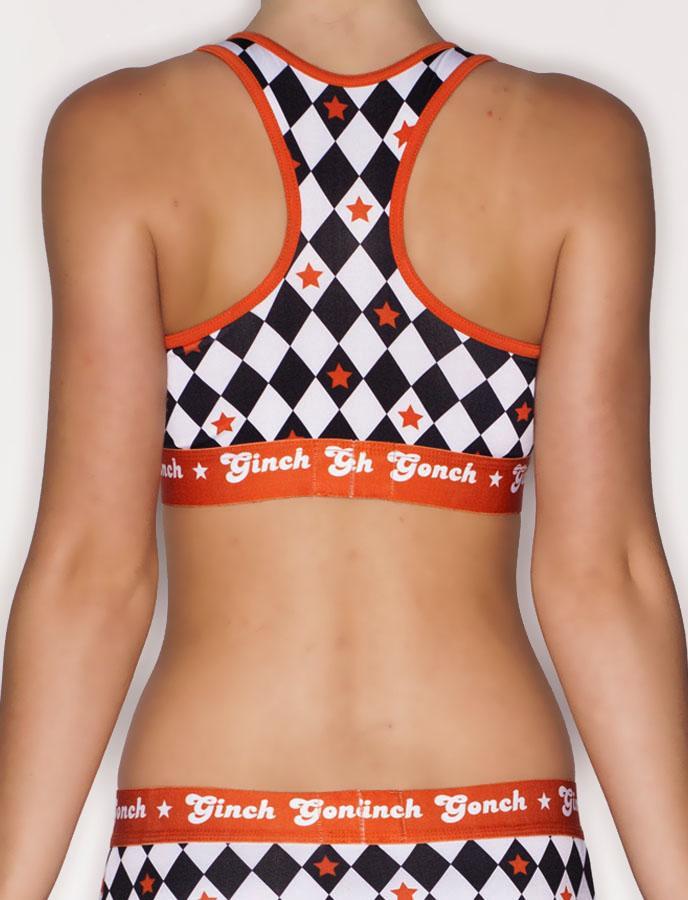 Ginch Gonch Backstage Pass Sports Bra - Women's Underwear black and white squares checkered orange waistband trim binding front matching pair matching set