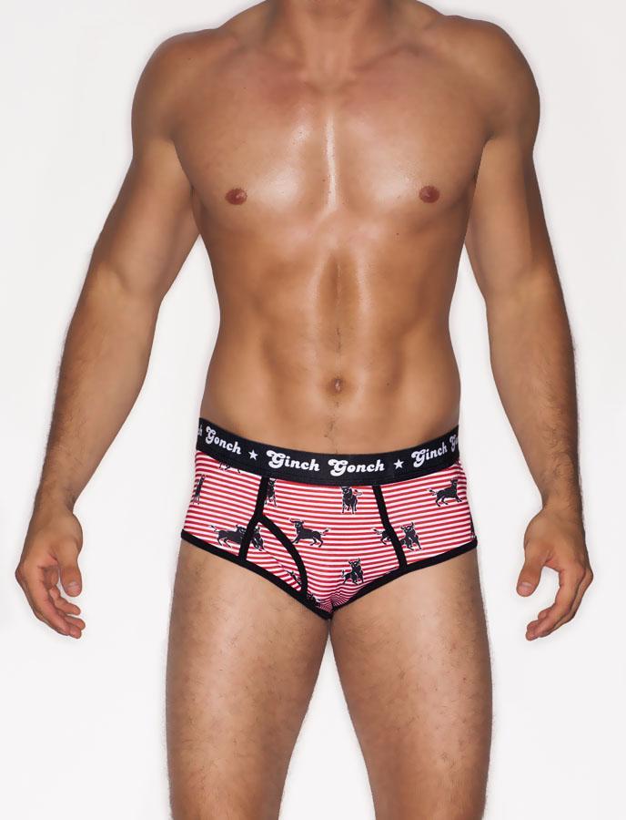 Ginch Gonch Wild Bulls Jockey Brief Men's Underwear Red and white Stripes  with black bulls black trim and black printed waistband front 