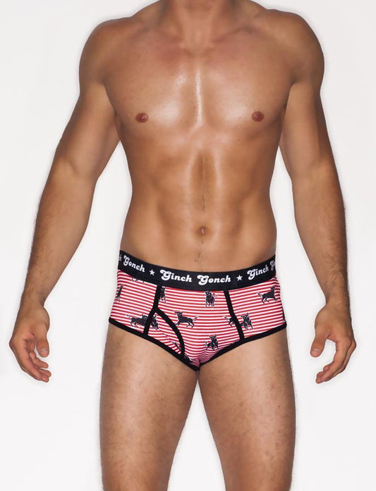 Ginch Gonch Wild Bulls Jockey Brief Men's Underwear Red and white Stripes  with black bulls black trim and black printed waistband front 