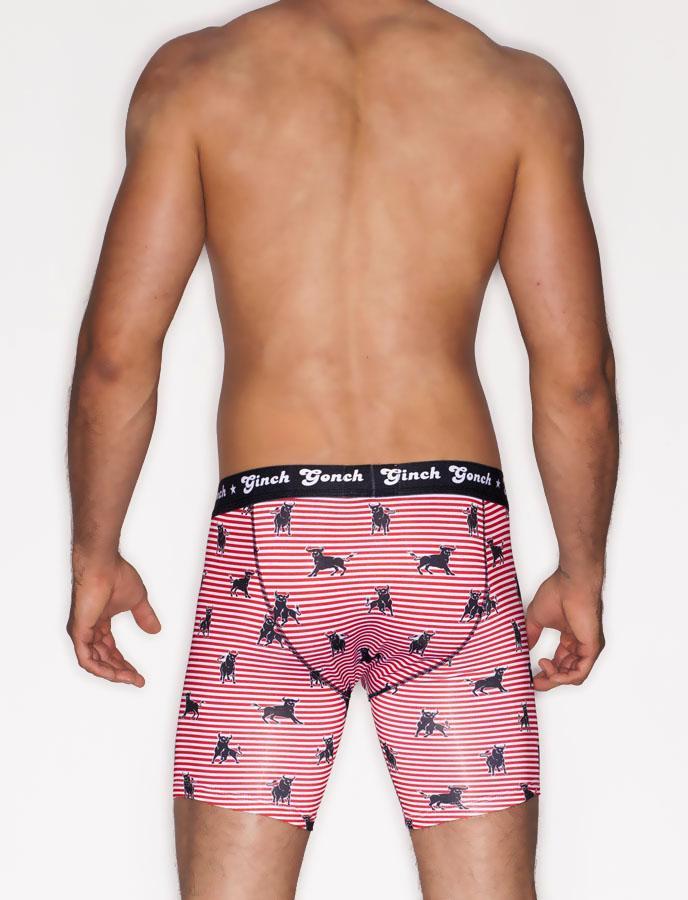 Ginch Gonch Wild Bulls boxer Brief men's Underwear Red and white Stripes  with black bulls black trim and black printed waistband back