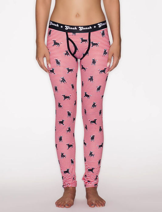 Ginch Gonch Wild Bulls Women's Underwear Legging Long John Red and white Stripes  with black bulls black trim and black printed waistband front 
