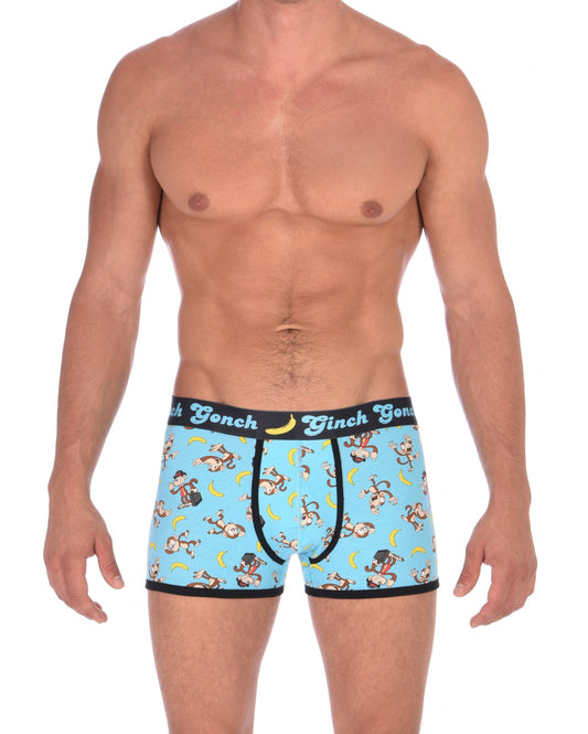 Ginch Gonch Monkey Business Men's Underwear Boxer Brief, Trunk, with blue background, monkeys, and bananas. Black trim and printed waistband with Ginch Gonch and bananas. Front