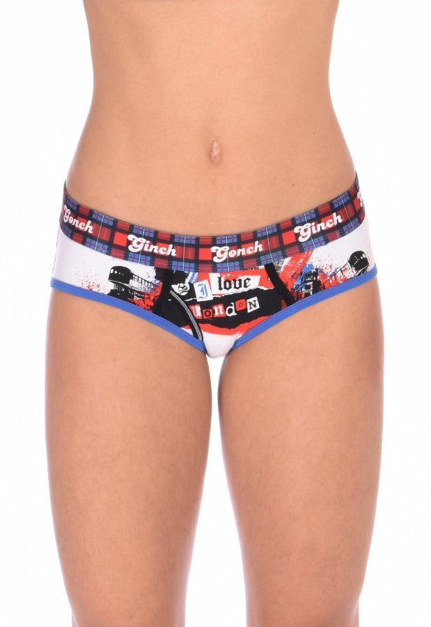 Ginch Gonch Women's Brief London Calling blue and red underwear white background plaid waistband black and blue trim binding big ben london eye