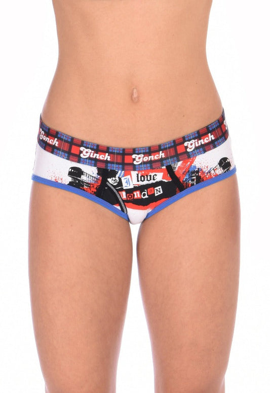 Ginch Gonch Women's Brief London Calling blue and red underwear white background plaid waistband black and blue trim binding big ben london eye