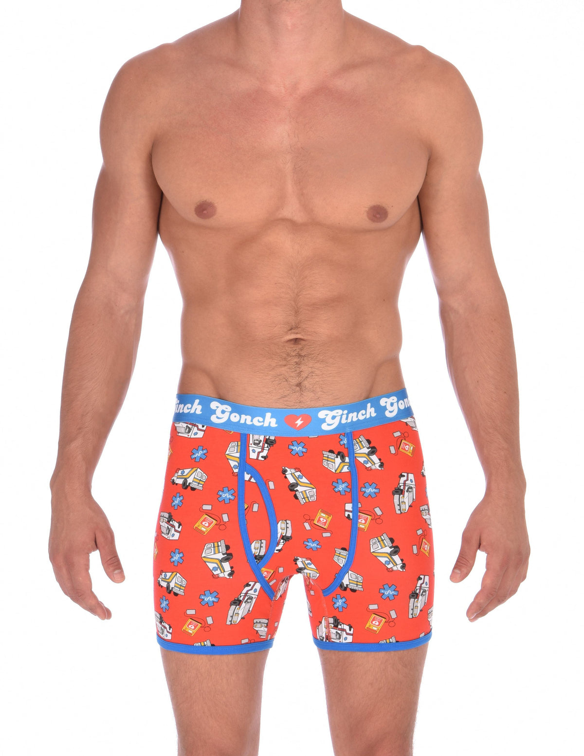 Ginch Gonch GG EMT Boxer Brief trunk ambulance print with medical symbol and equipment on red background with blue trim and printed waistband front