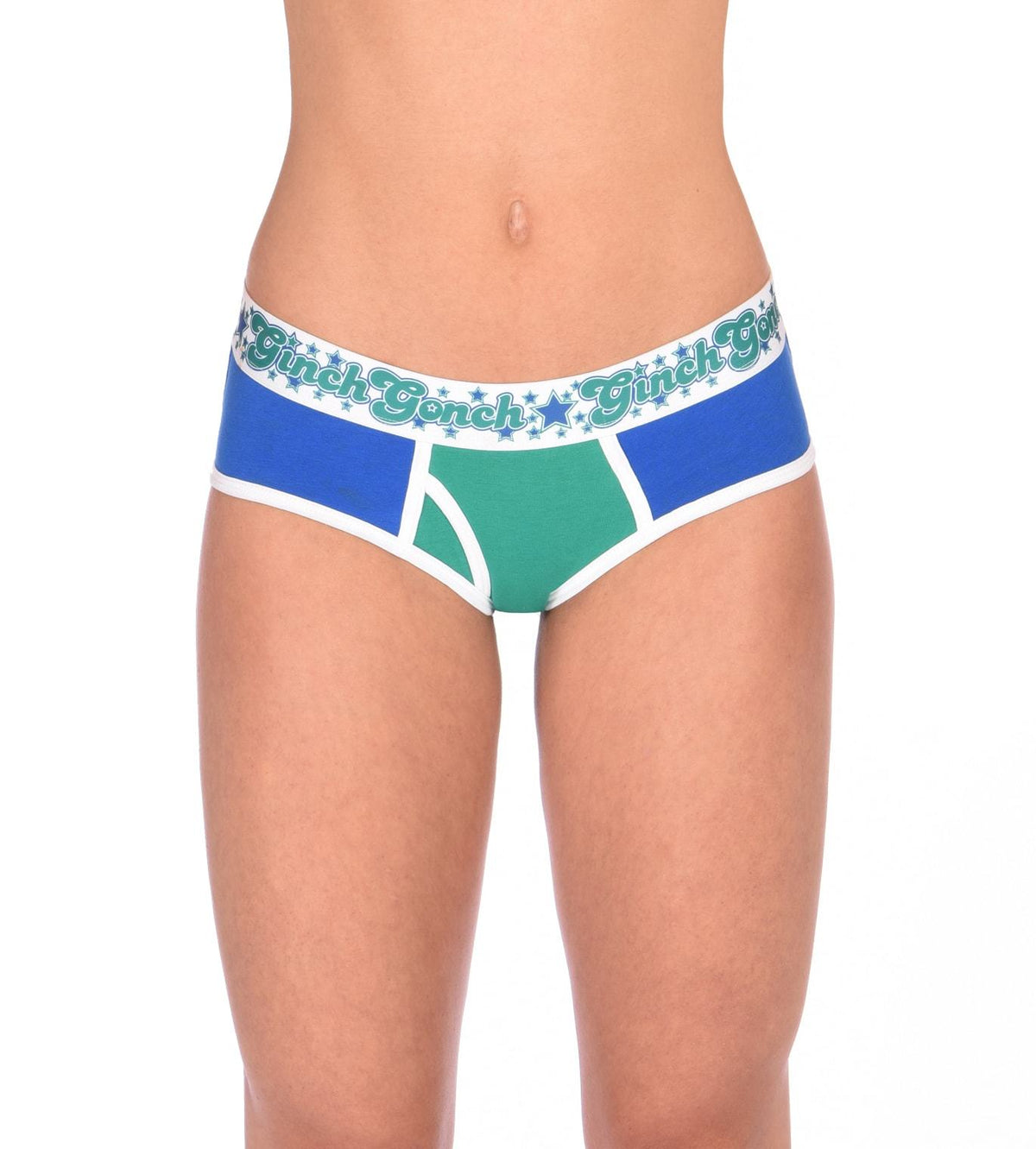Ginch Gonch Blue Lagoon women's boy cut briefs  y front blue and green panels with white trim and printed waistband