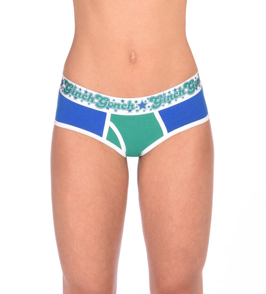 Ginch Gonch Blue Lagoon women's boy cut briefs  y front blue and green panels with white trim and printed waistband