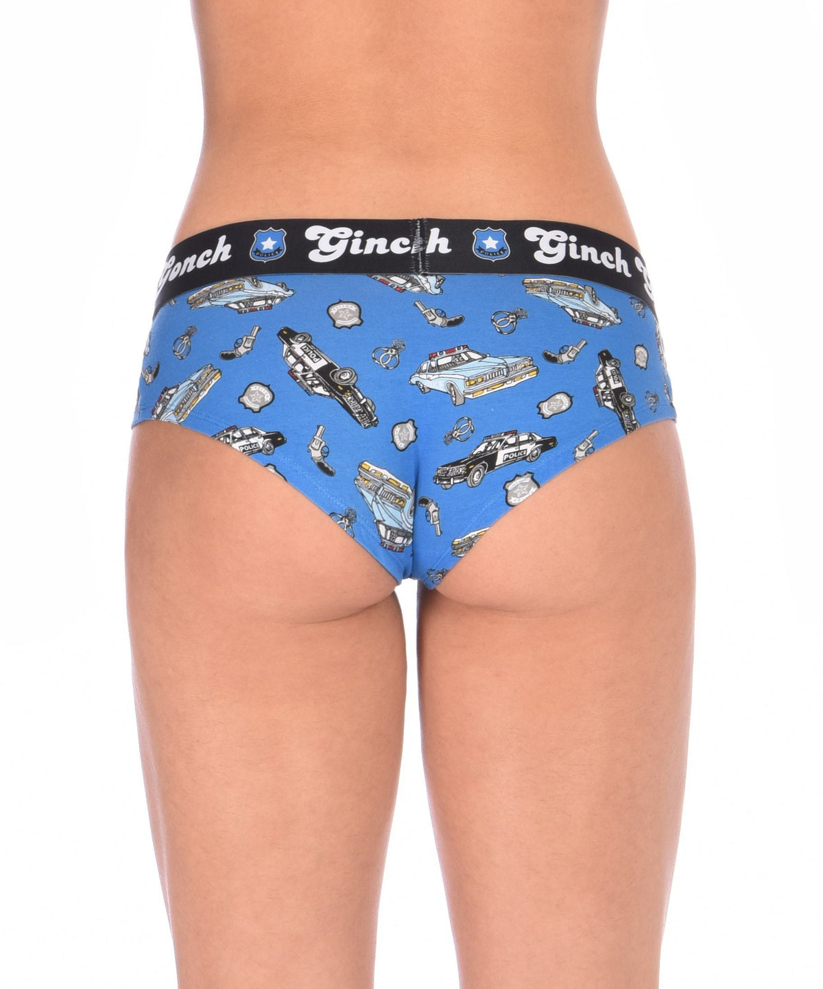 Ginch Gonch GG Patrol boy cut Brief women's underwear blue fabric with cop cars, badges, hand cuffs, and guns. Black trim and black printed waistband back