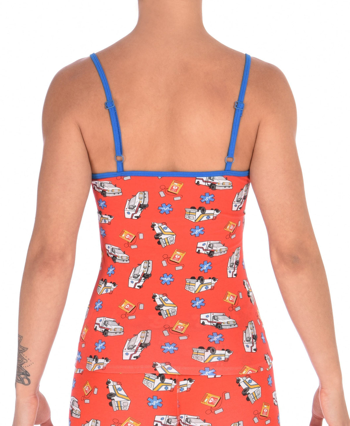 Ginch Gonch GG EMT camisole cami women's ambulance print with medical symbol and equipment on red background with blue trim back