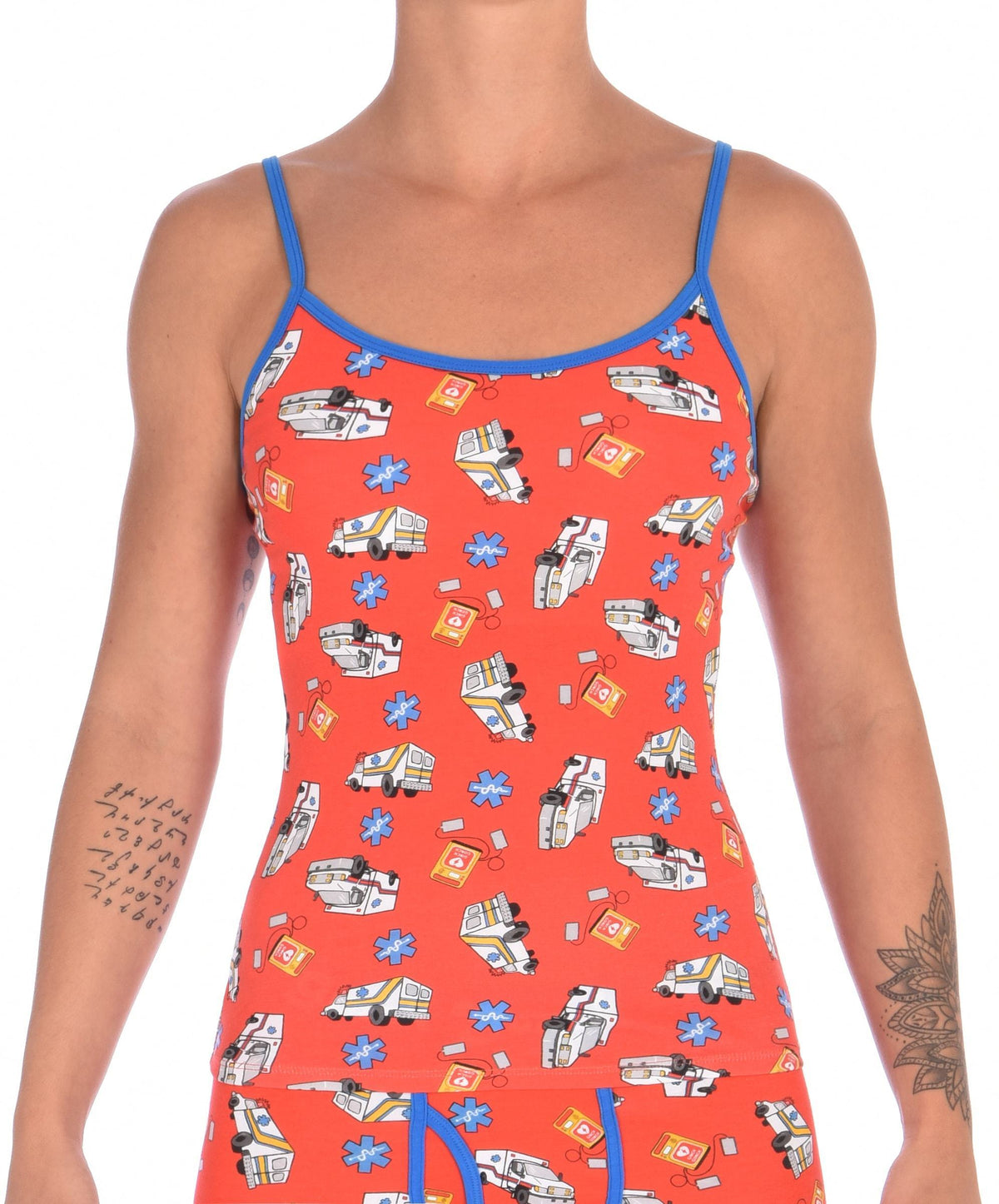 Ginch Gonch GG EMT camisole cami women's ambulance print with medical symbol and equipment on red background with blue trim front