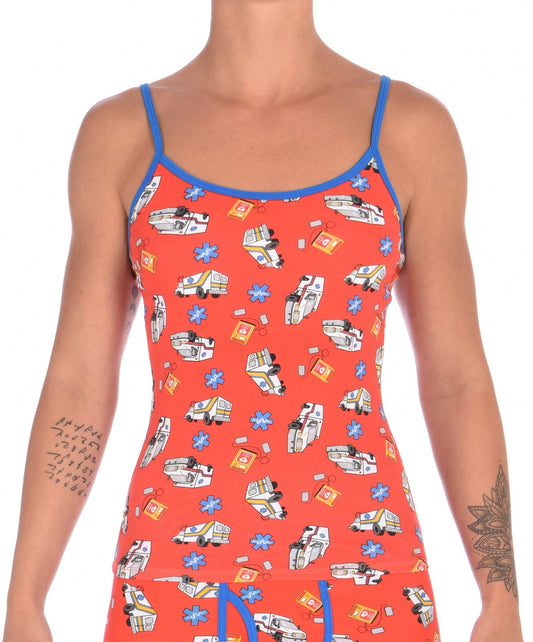 Ginch Gonch GG EMT camisole cami women's ambulance print with medical symbol and equipment on red background with blue trim front