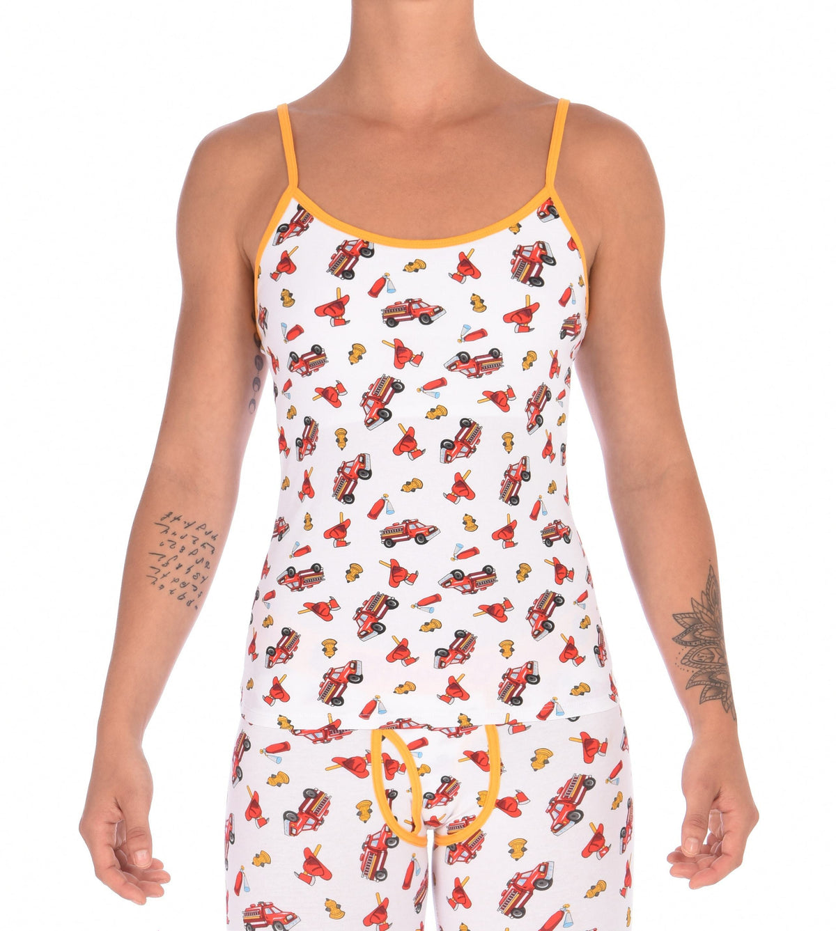 Ginch Gonch GG Fire Fighters camisole cami spaghetti strap women's underwear y front white fabric with fire engines hats and hydrants, yellow trim front shown with matching leggings