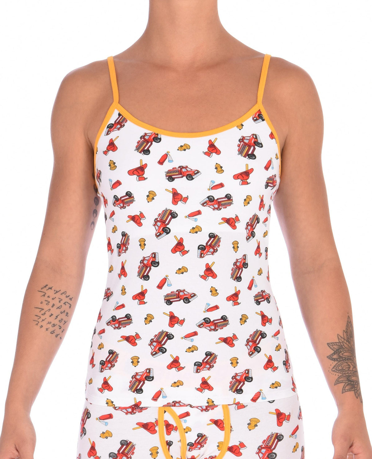 Ginch Gonch GG Fire Fighters camisole cami spaghetti strap women's underwear y front white fabric with fire engines hats and hydrants, yellow trim front