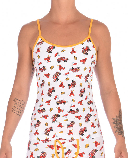 Ginch Gonch GG Fire Fighters camisole cami spaghetti strap women's underwear y front white fabric with fire engines hats and hydrants, yellow trim front
