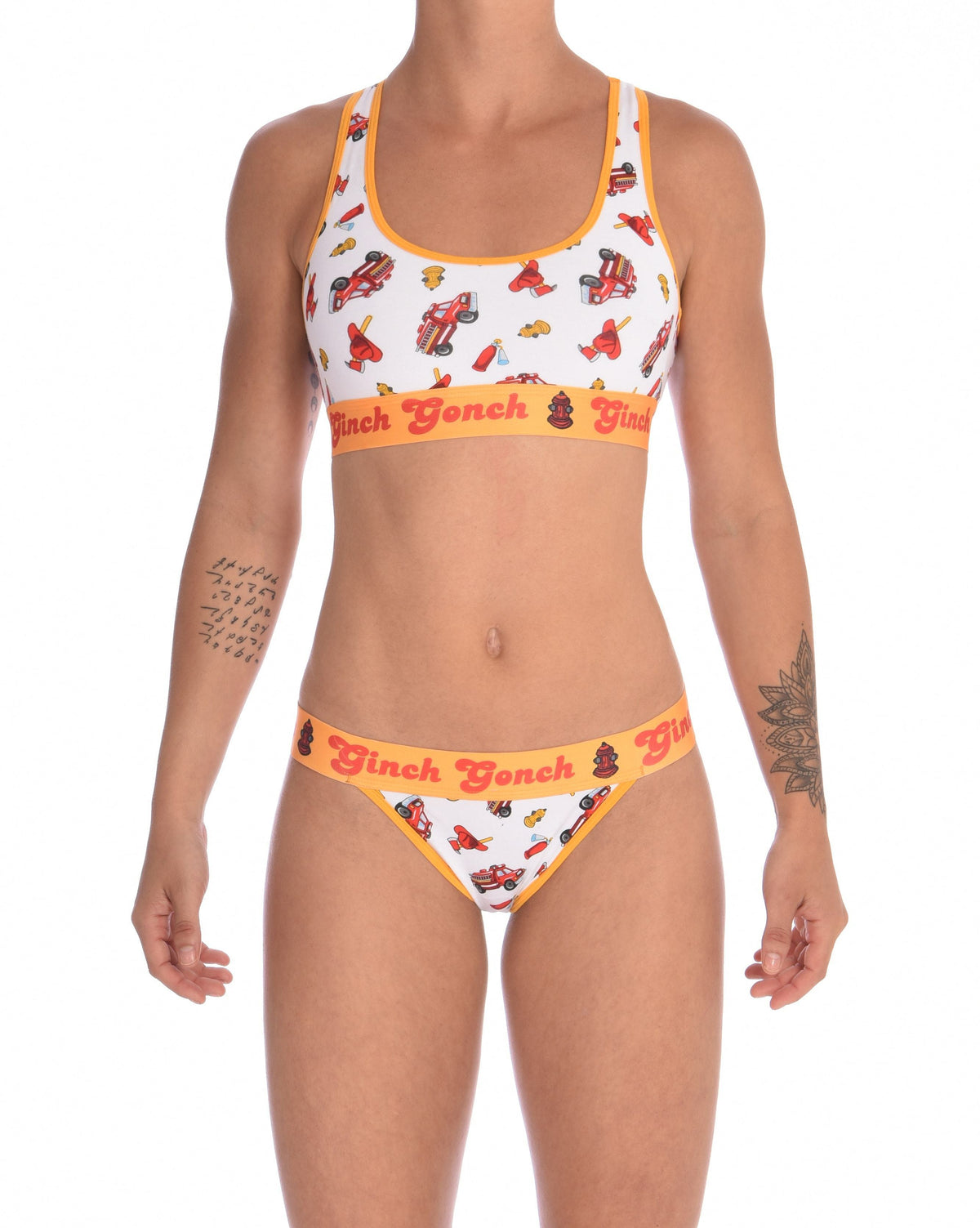 Ginch Gonch GG Fire Fighters sports bra women's underwear y front white fabric with fire engines hats and hydrants, yellow trim and yellow printed band front shown with matching thong